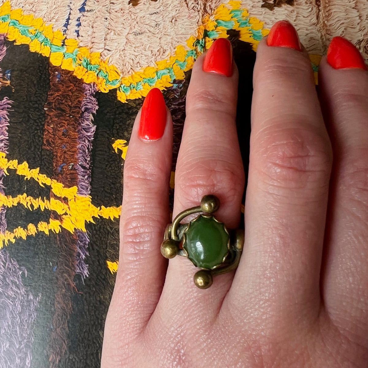 Strange Brass & Nephrite Jade 1960s Ring