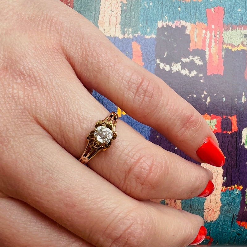 Squoval Old Mine Cut Diamond in Delightful Belcher Ring