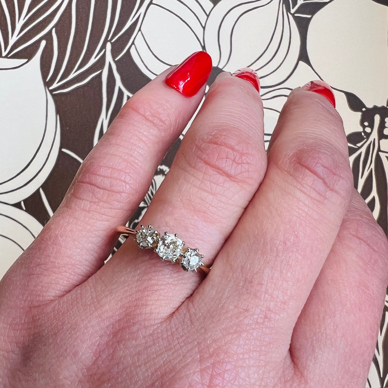 Prettiest Victorian Old Mine Cut Diamond Trilogy Ring