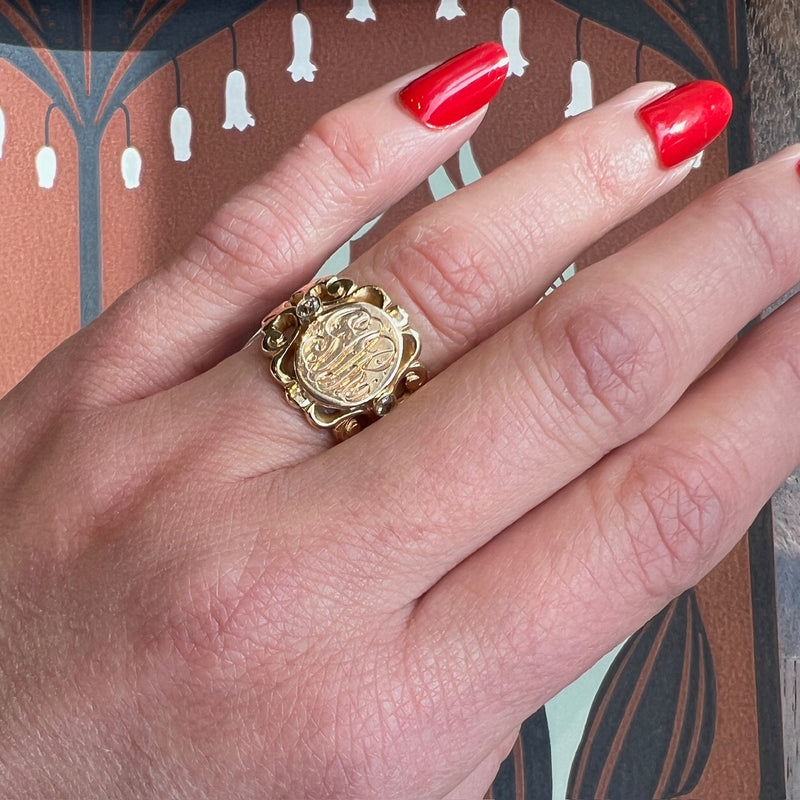 Elaborate Diamond-Set Edwardian Signet Ring