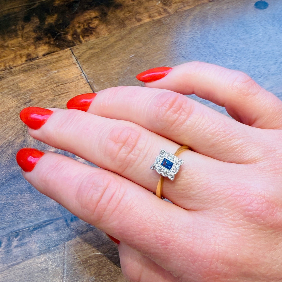 Sapphire & Diamonds in Two-Tone Picture Frame Ring