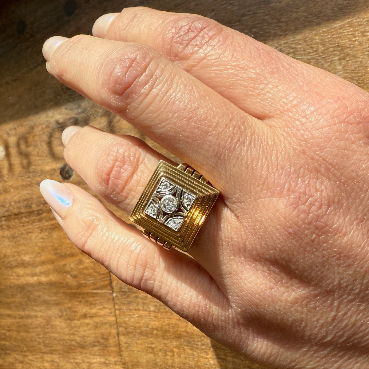 Architectural Old Mine Cut Diamond, 18k Gold & Platinum Ring