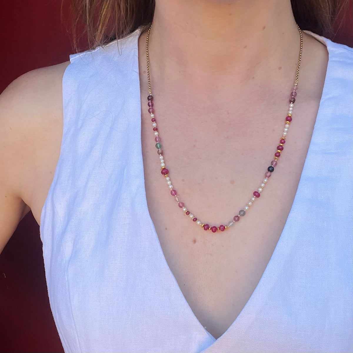 Pearl, Ruby & Tourmaline on 18k Gold Necklace by Ancient Influences