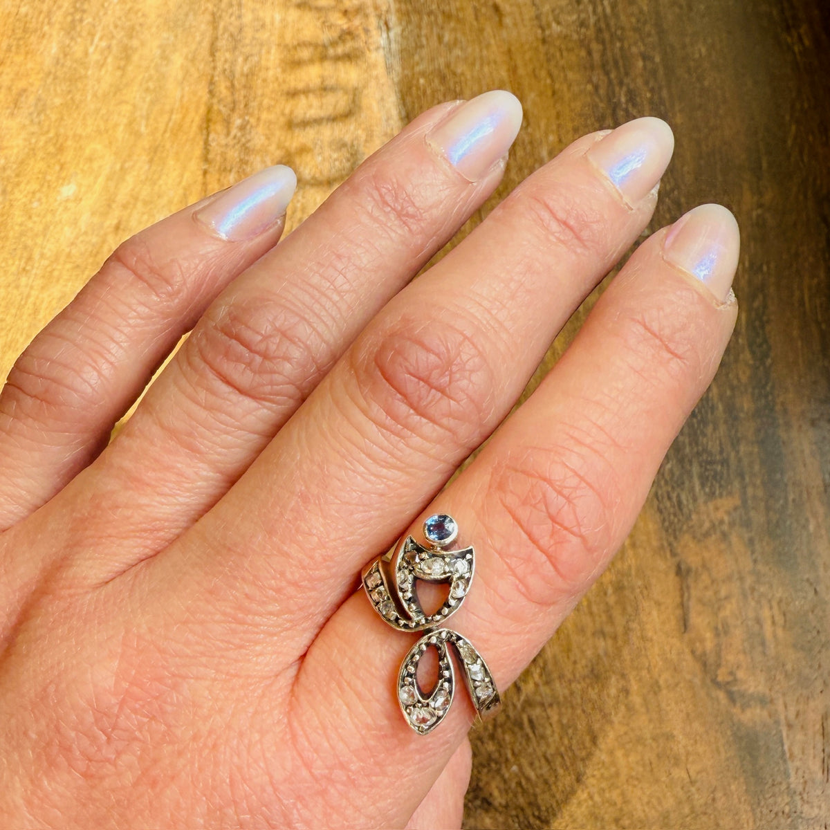 Delicate Rose Cut Diamond & Sapphire Antique Ring