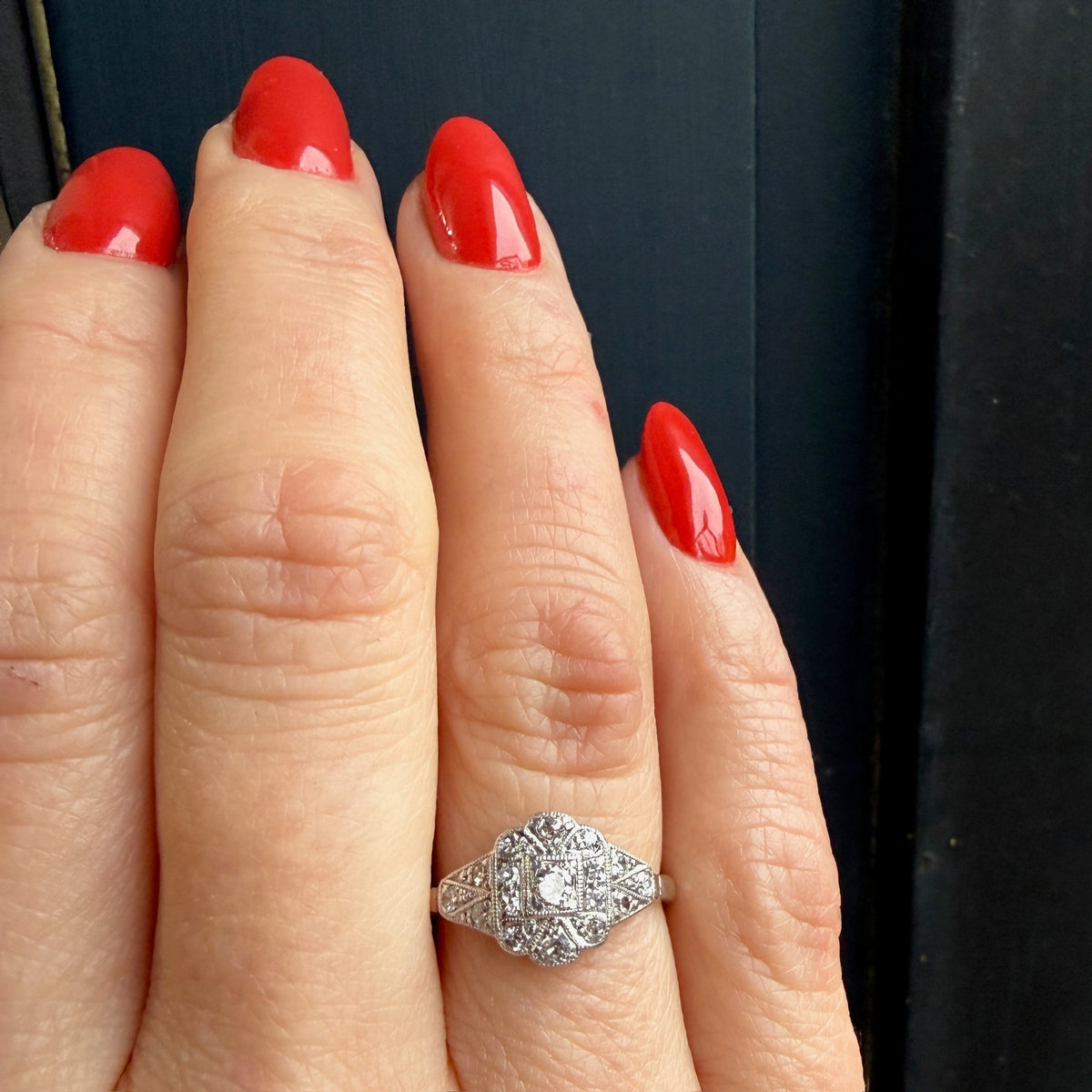 Diamond-Spangled Engraved Platinum English Ring