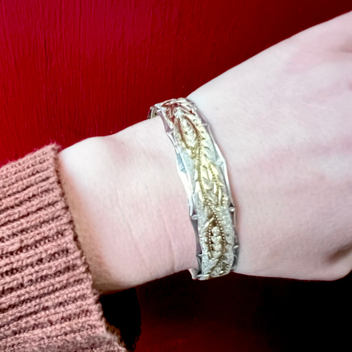 Engraved Gold & Silver Anthurium Blossom .58" Bangle