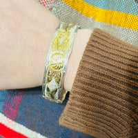 Wide .70" Gold & Silver Engraved Anthurium Flower Bangle