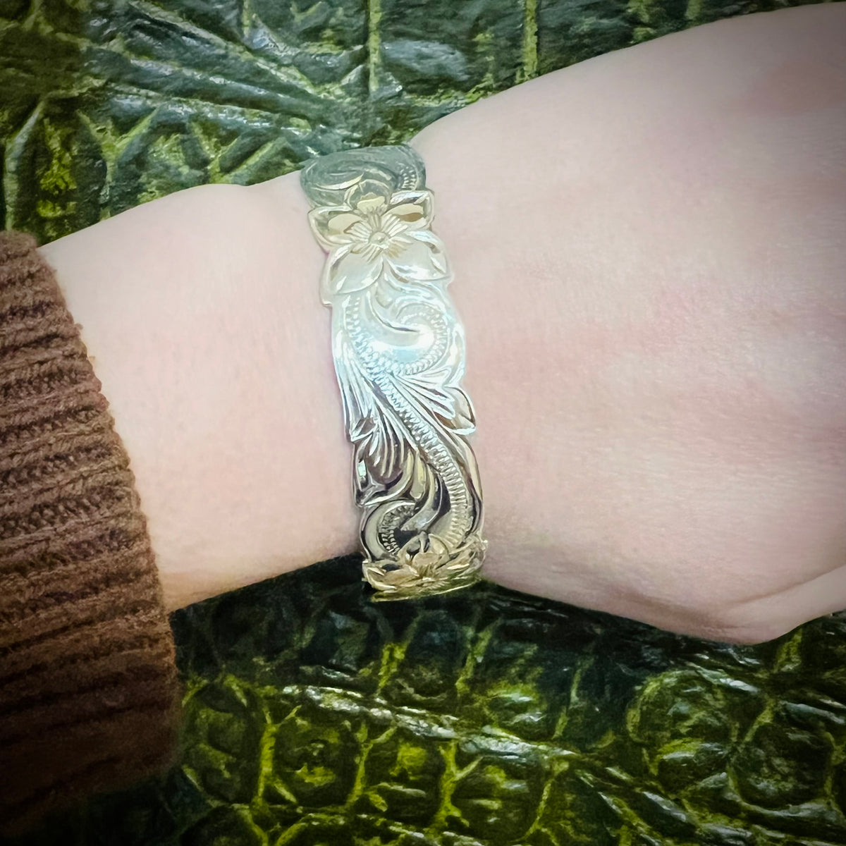 Wide .70" Sterling Bangle with Hawaiian Pua Kala Flowers
