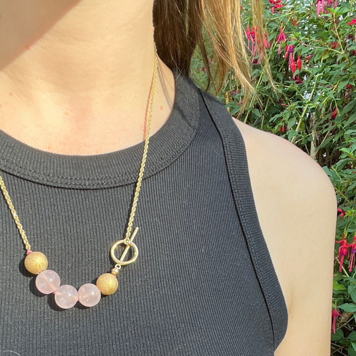 Rose Quartz & Matte Gold Bead Necklace by Ancient Influences