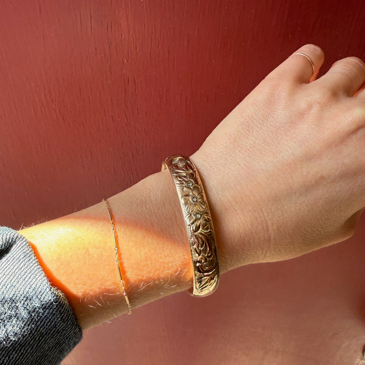 Antique Floral Gold Filled Bangle with Paste Accents