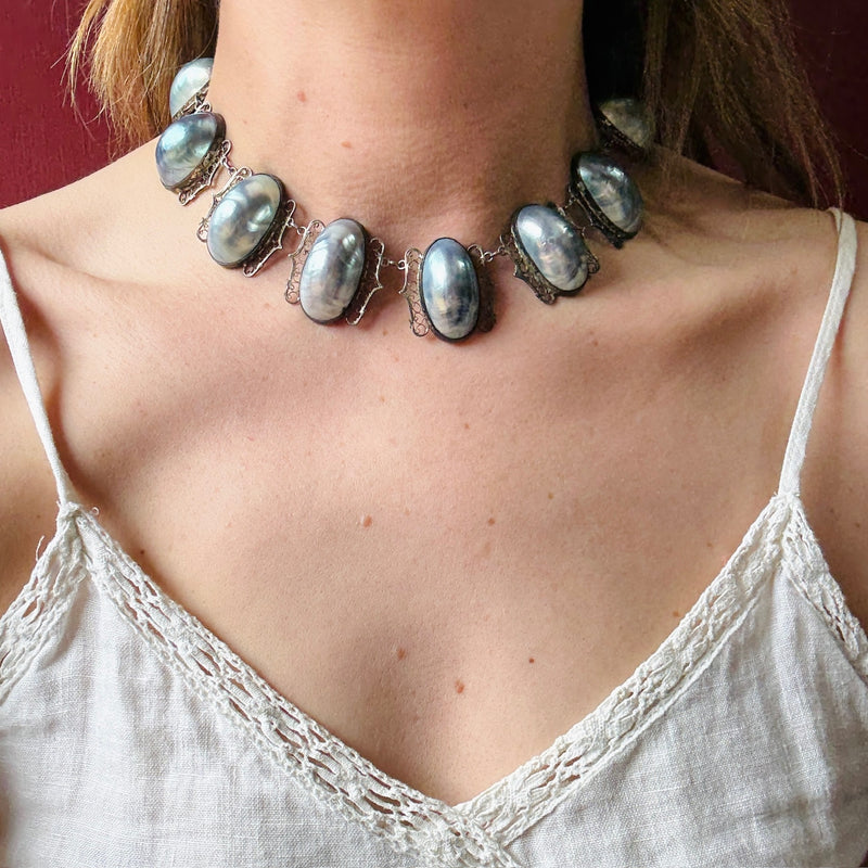 Antique Gray Baroque Pearl and Silver Filigree Choker