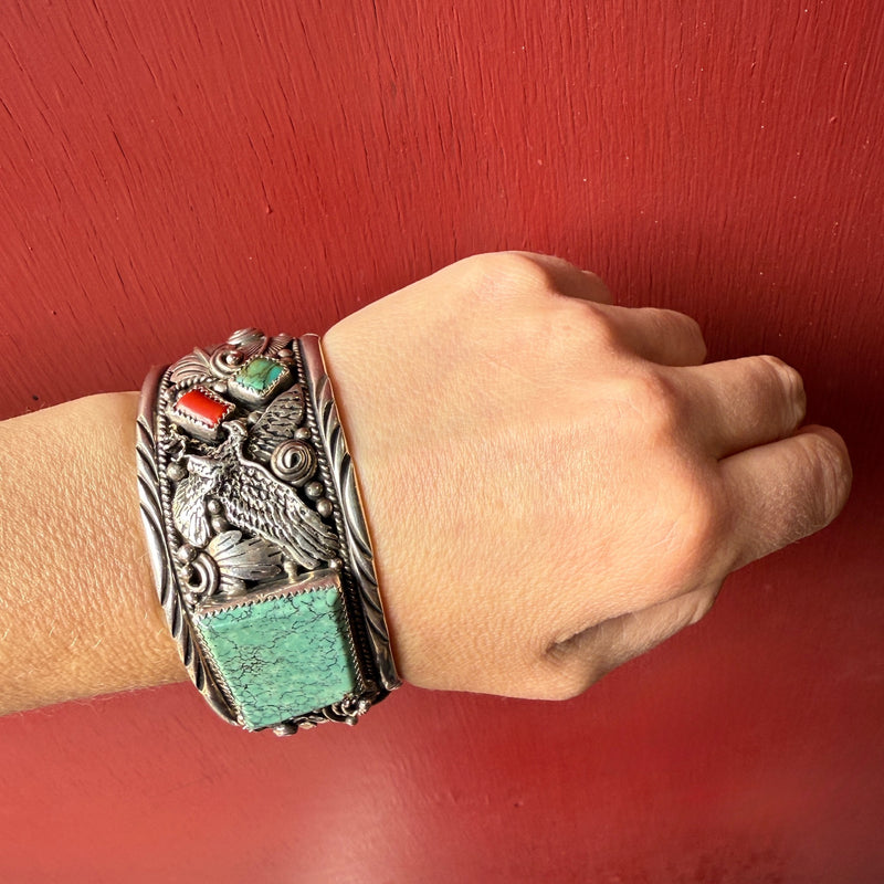 Navajo Eagle Cuff in Sterling with Turquoise & Coral