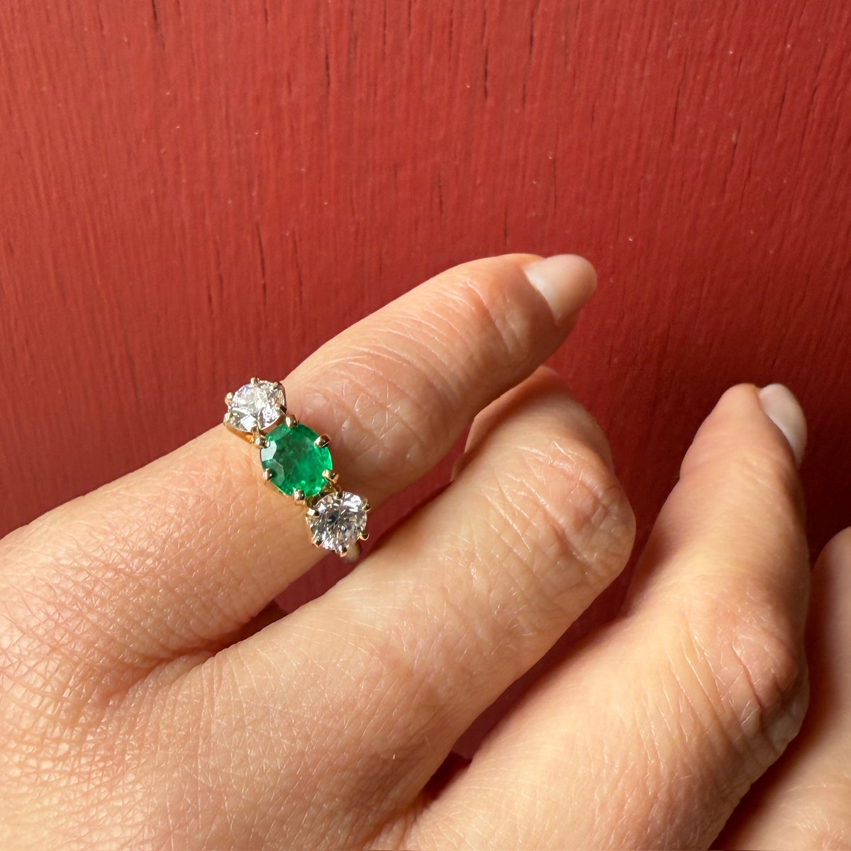 Emerald & Diamond Mid Century Two-Tone Trilogy Ring