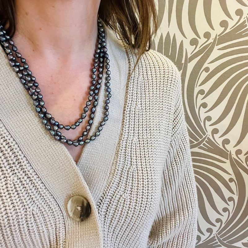 Extra-Long Strand of Semi-Baroque Black Pearls