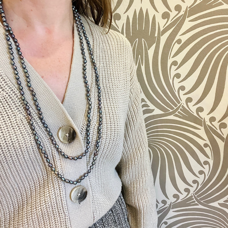 Extra-Long Strand of Semi-Baroque Black Pearls