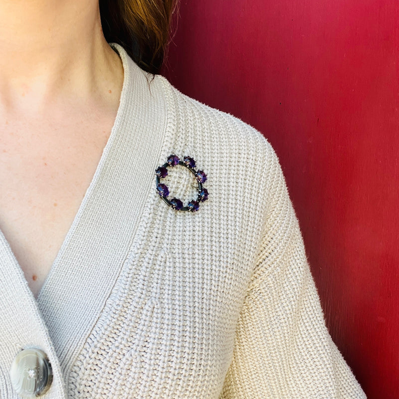 Strangely Satisfying Amethyst & Silver Circle Brooch