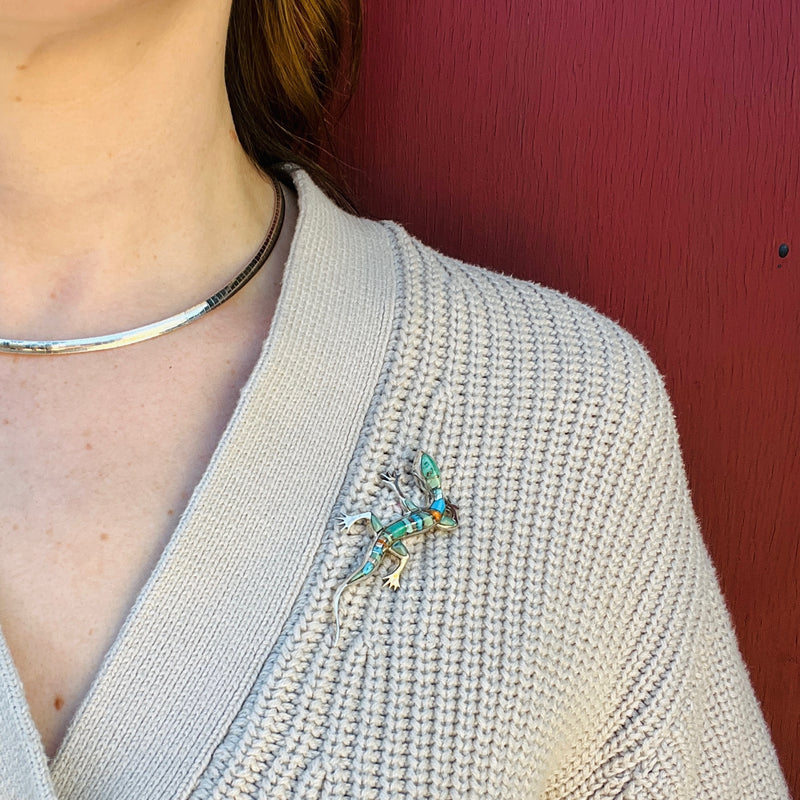 Wriggly Lizard Silver & Stone Inlay Brooch by D. Romero