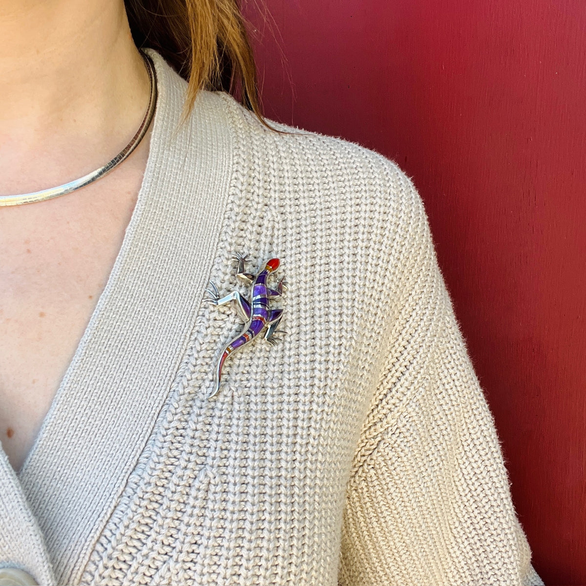 Lively Lizard Silver & Stone Inlay Brooch by D. Romero