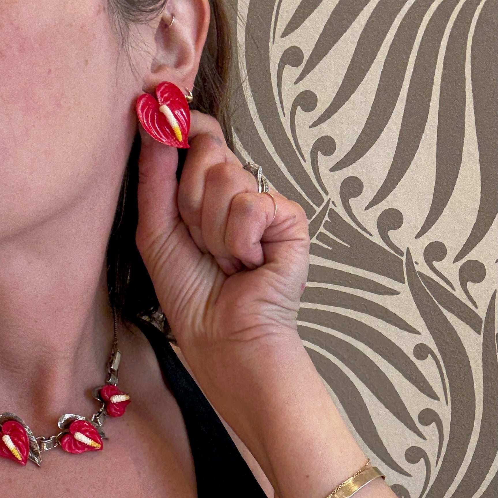 anthurium clip on earring ivory stem Vintage Hawaiian Anthurium Earrings