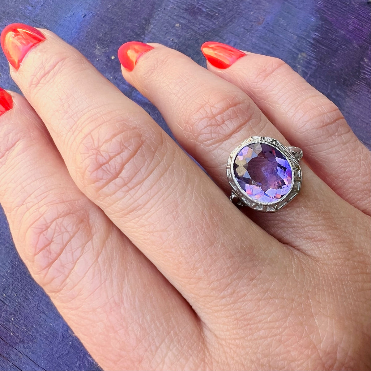 Fresh Bright Amethyst in Glittering Art Deco Ring