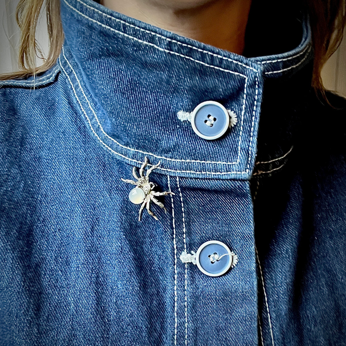 German Spider Brooch in Moonstone, Marcasite, & Sterling