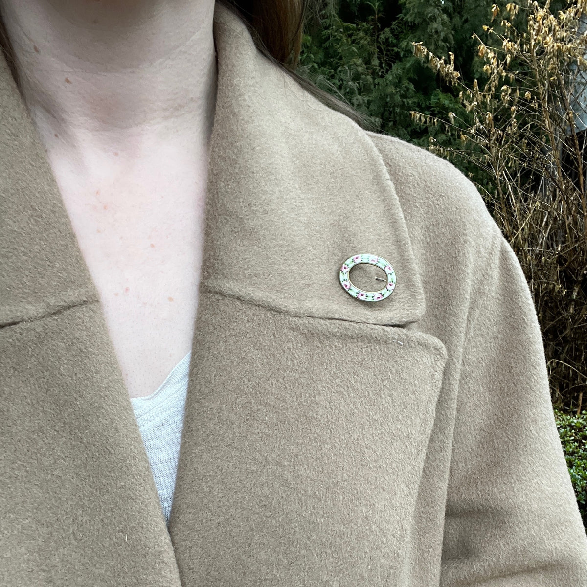 Pink & Green Rose Enameled Circle Brooch