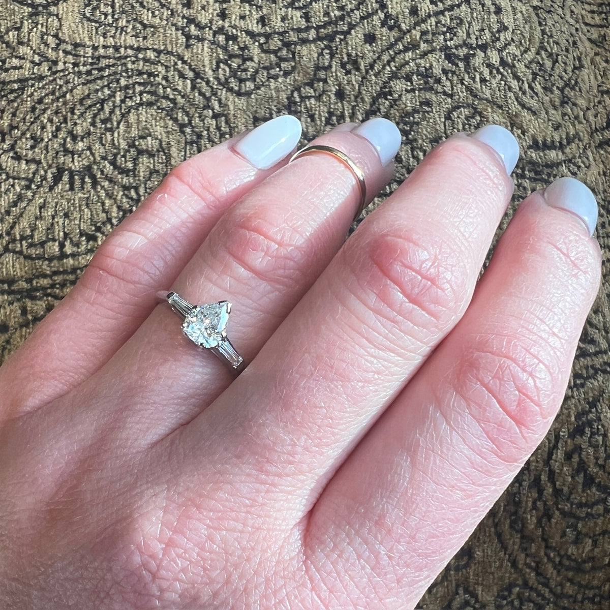 Pear Cut Diamond with Baguettes in White Gold Ring