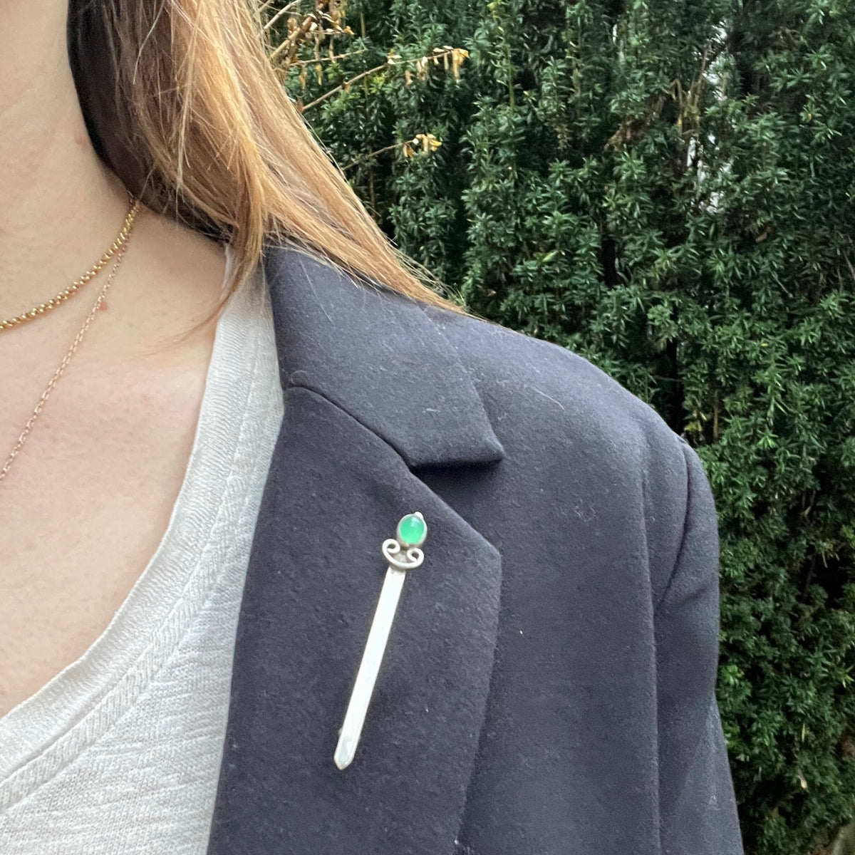 Rakish Sterling Sword Brooch with Chrysoprase Hilt