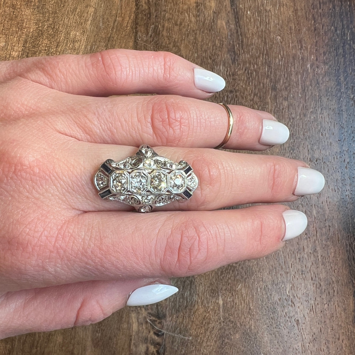 Outrageous Old Mine Cut Diamond Knuckle Engagement Ring with Sapphire Accents
