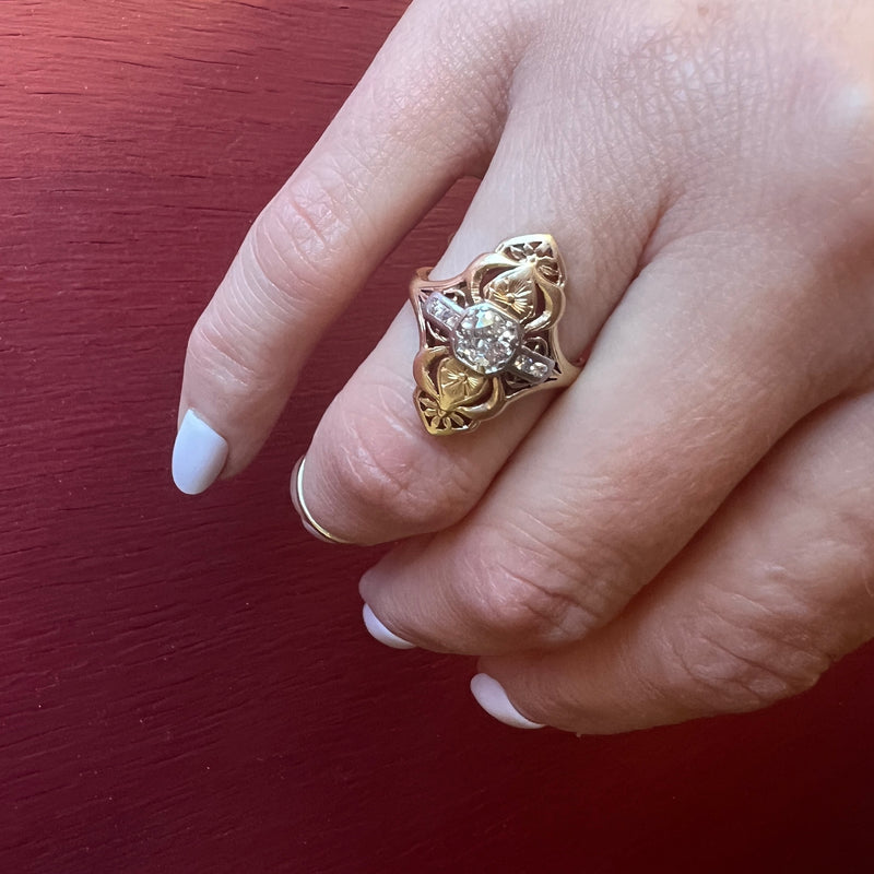 Old Mine Diamonds in Two-Tone Deco Dinner Ring