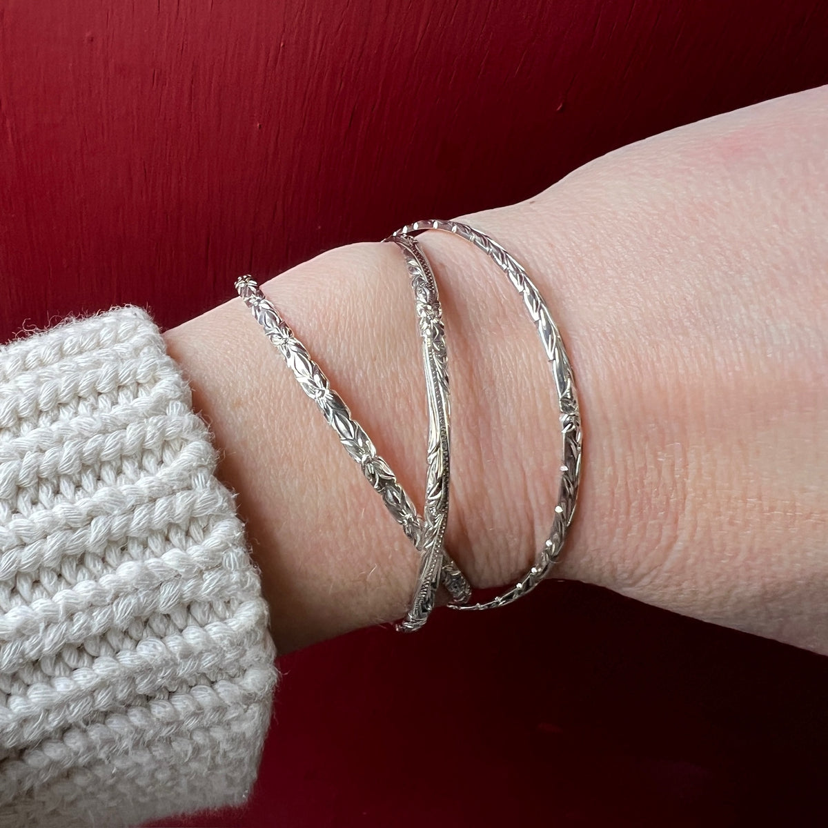 Set of Three Sterling Bangles with Hawaiian Pua Kala Flowers