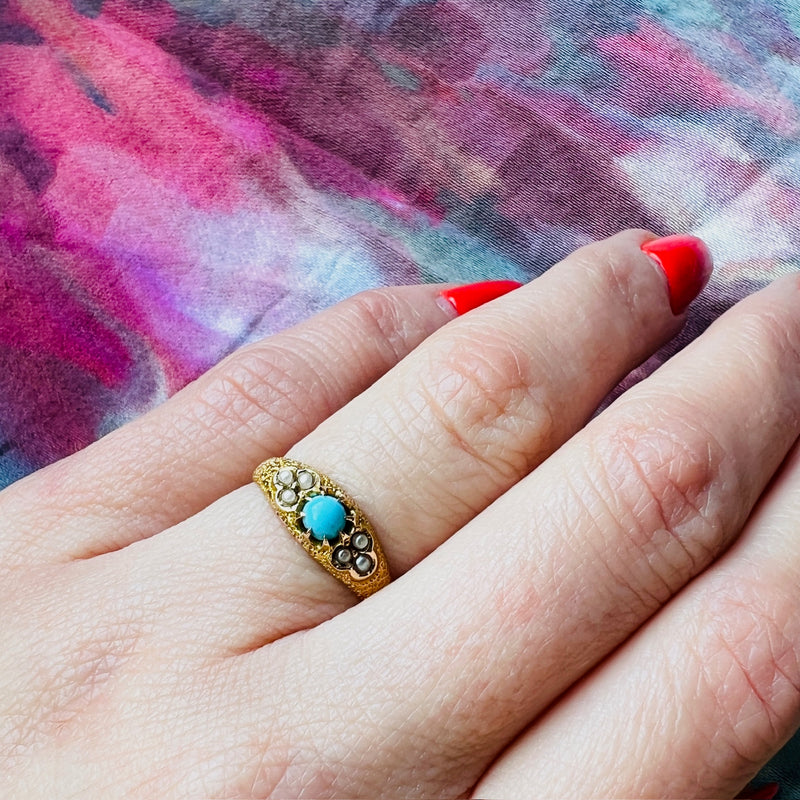 Endearing Victorian Band of 18k Gold Turquoise & Pearls