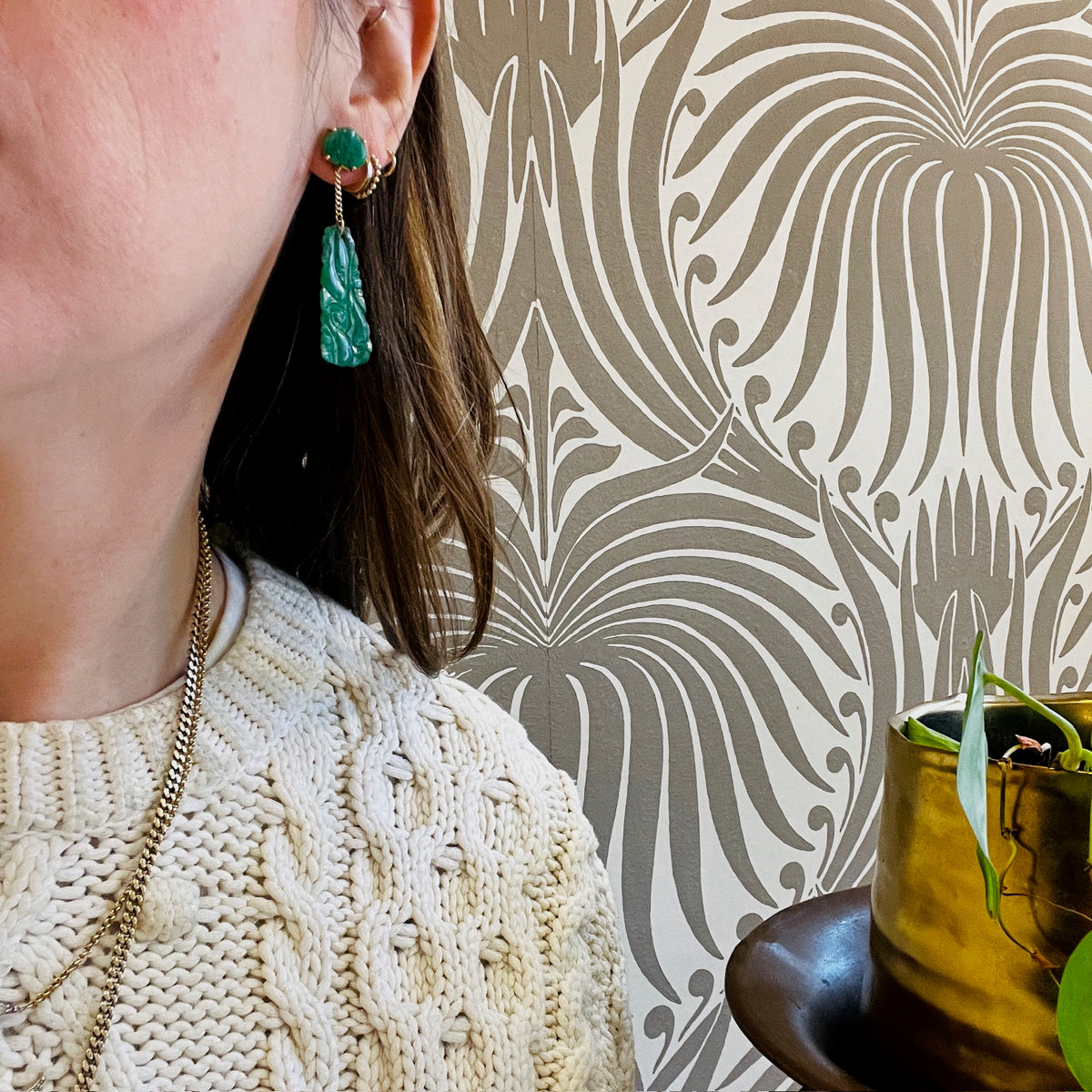 Carved Jade & Gold Drop Earrings in Original Box