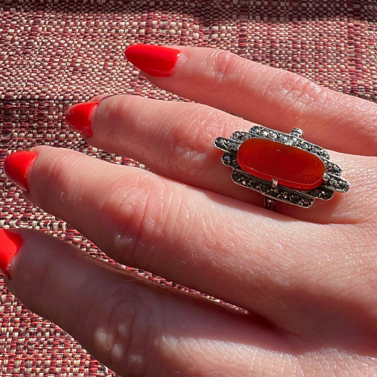 Jazz Age Carnelian Marcasite & Sterling Silver Ring