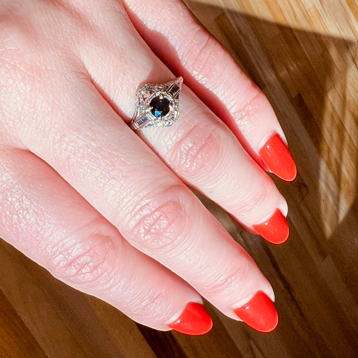 Sapphire & Diamond Platinum Filigree Ring with French Cut Accents
