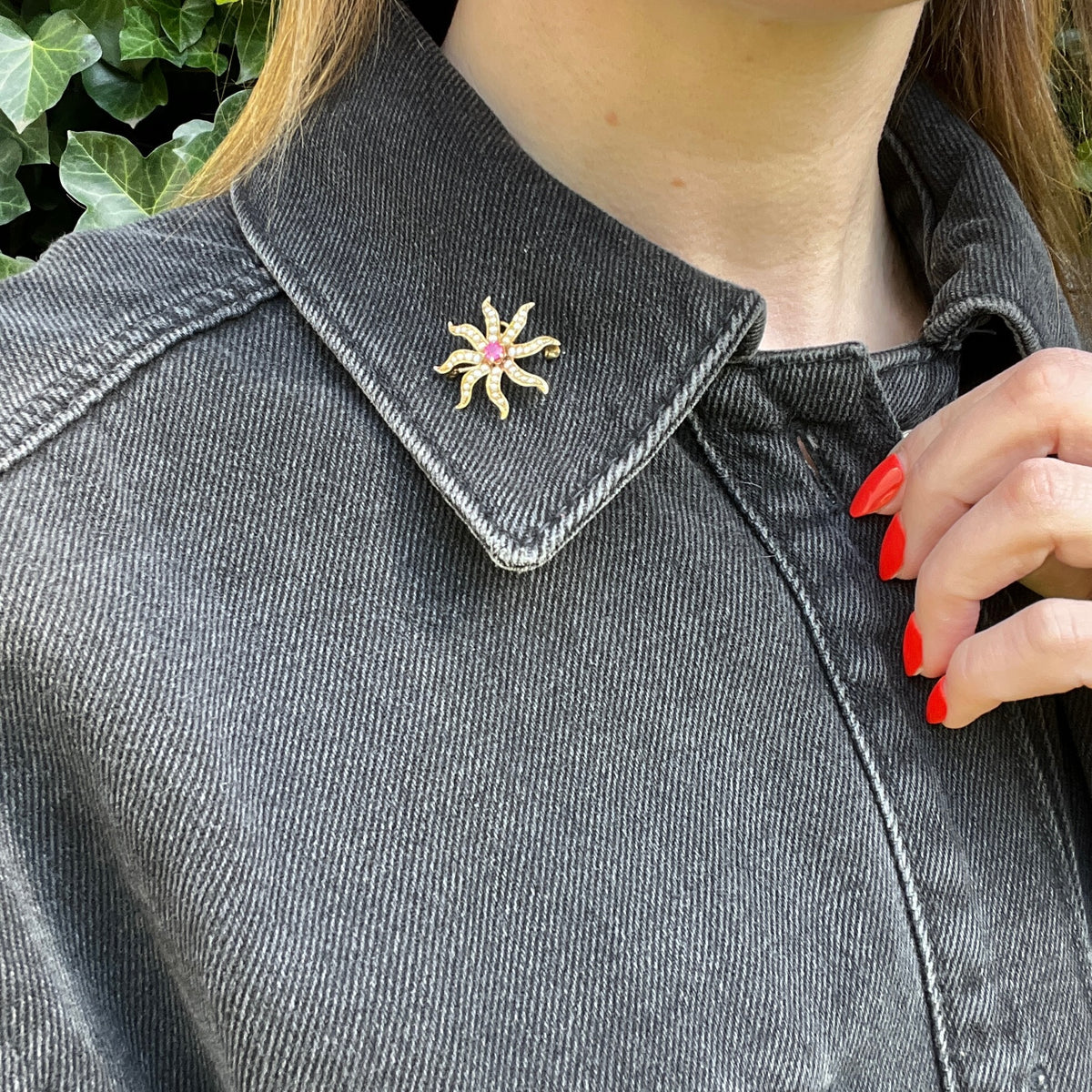 Radiant Ruby & Pearl Star Brooch