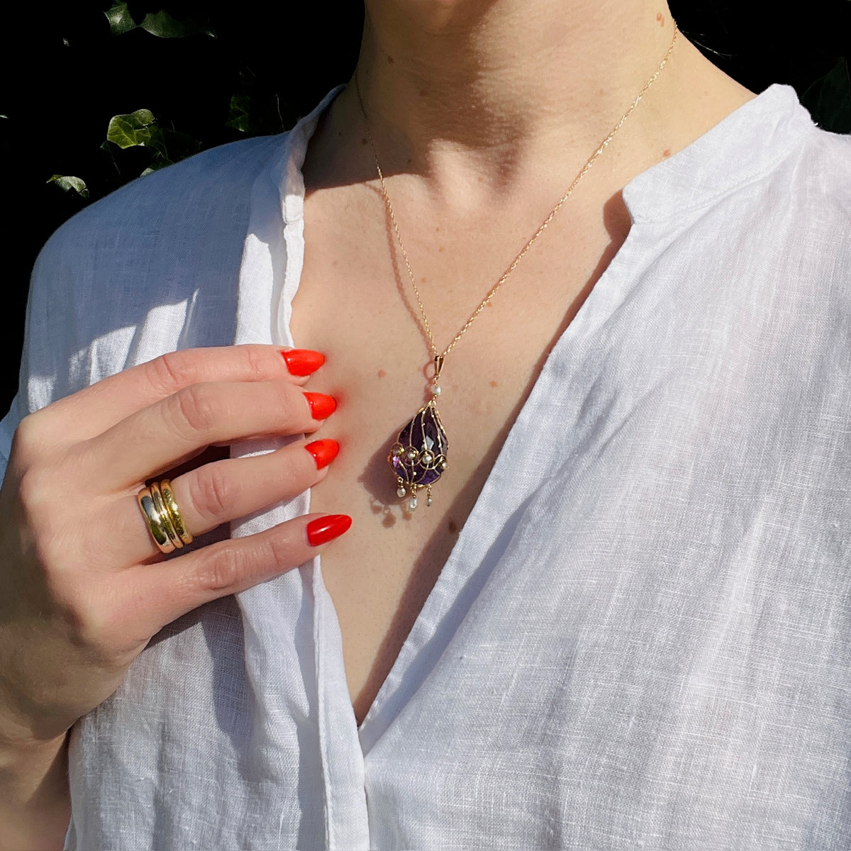 Elven Gold-Wrapped Amethyst & Pearl Pendant