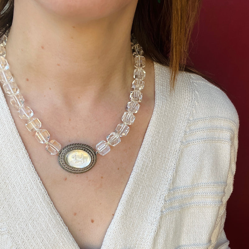 Carved Capricorn Pendant on Crystal Bead Necklace