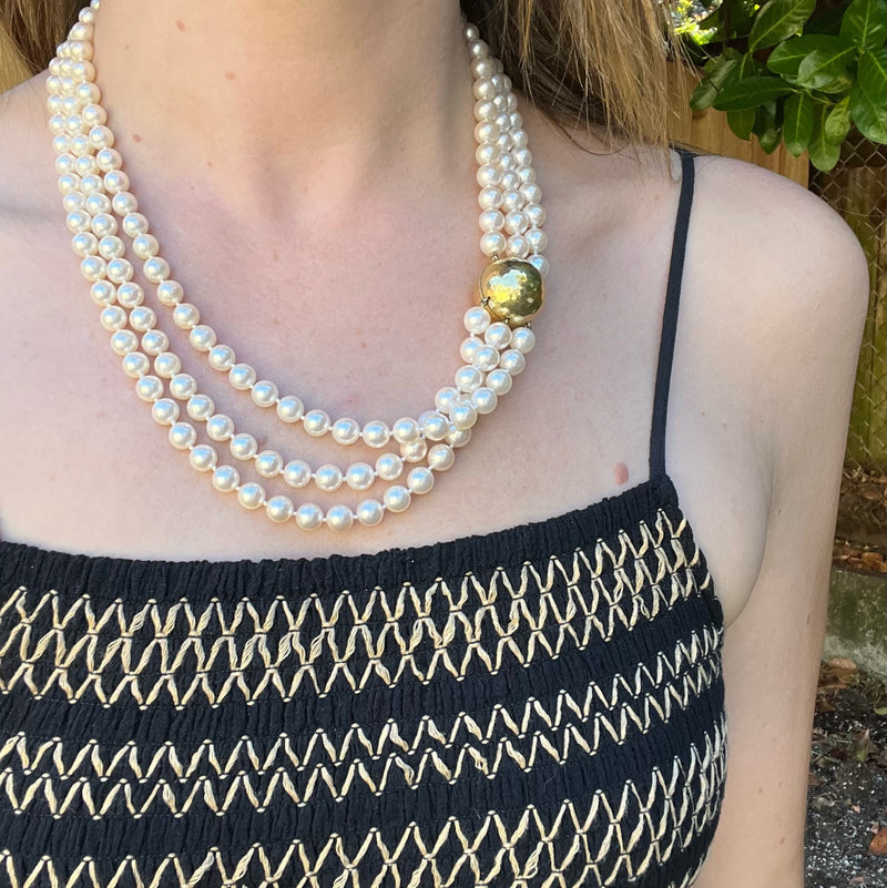 Japanese Akoya pearl necklace AAA creamy white(pinkish overtone) 6.5-7mm  lustrous round with 14k gold Ball clasp - Melbourne Pearls
