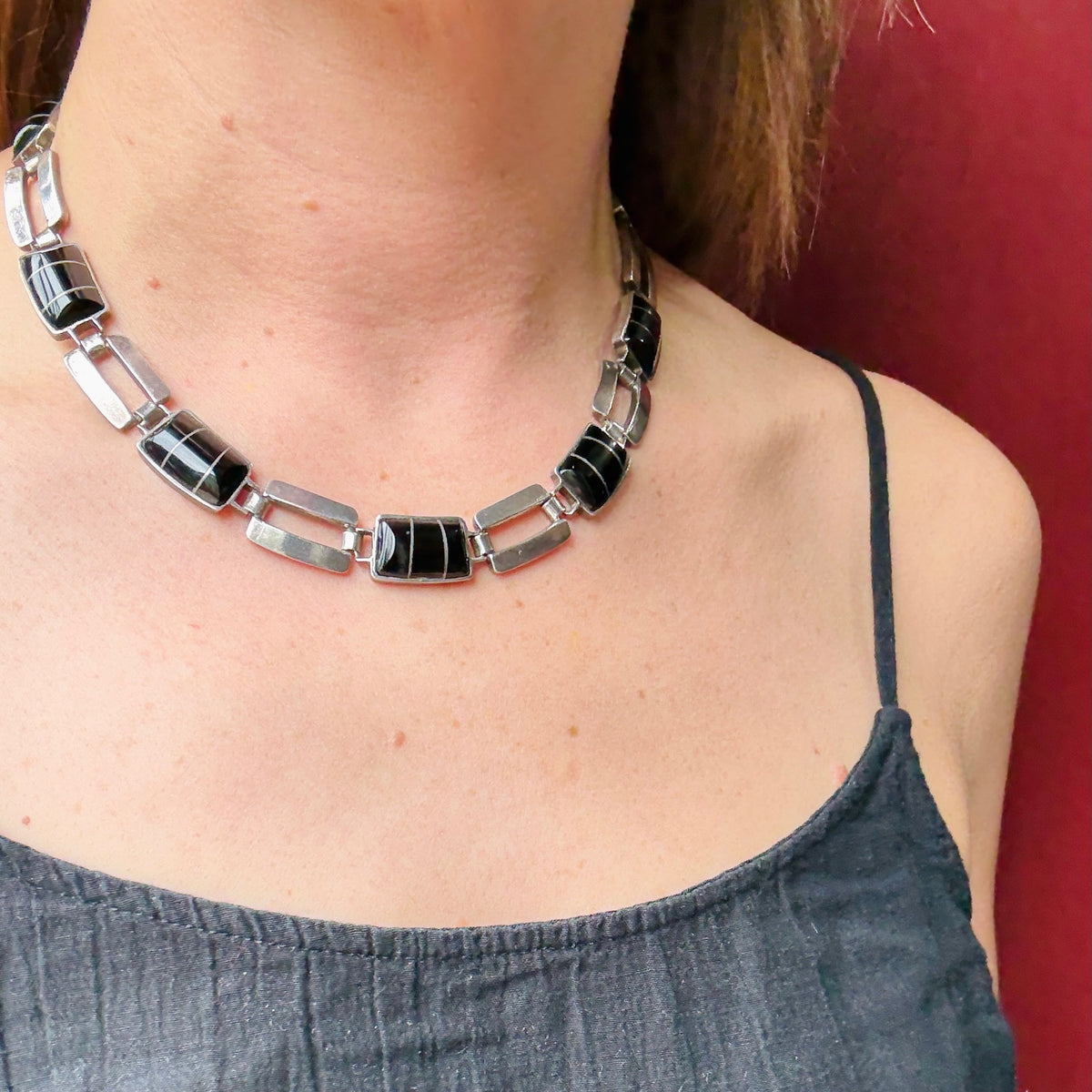 Mexican Choker of 950 Silver & Inlaid Onyx