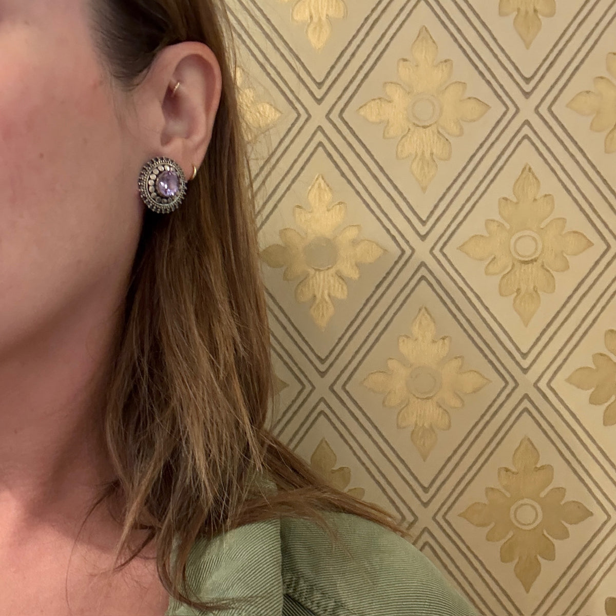 Lovely Amethyst in Beaded Sterling Stud Earrings