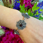 Moonstone & Garnet-Set Sterling Filigree Flower Bracelet