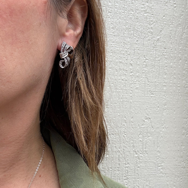 English Silver-Plate & Marcasite Bow Earrings