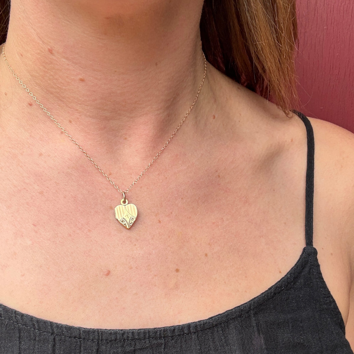 Engraved Leaves & Pinstripes Gold Filled Heart Locket