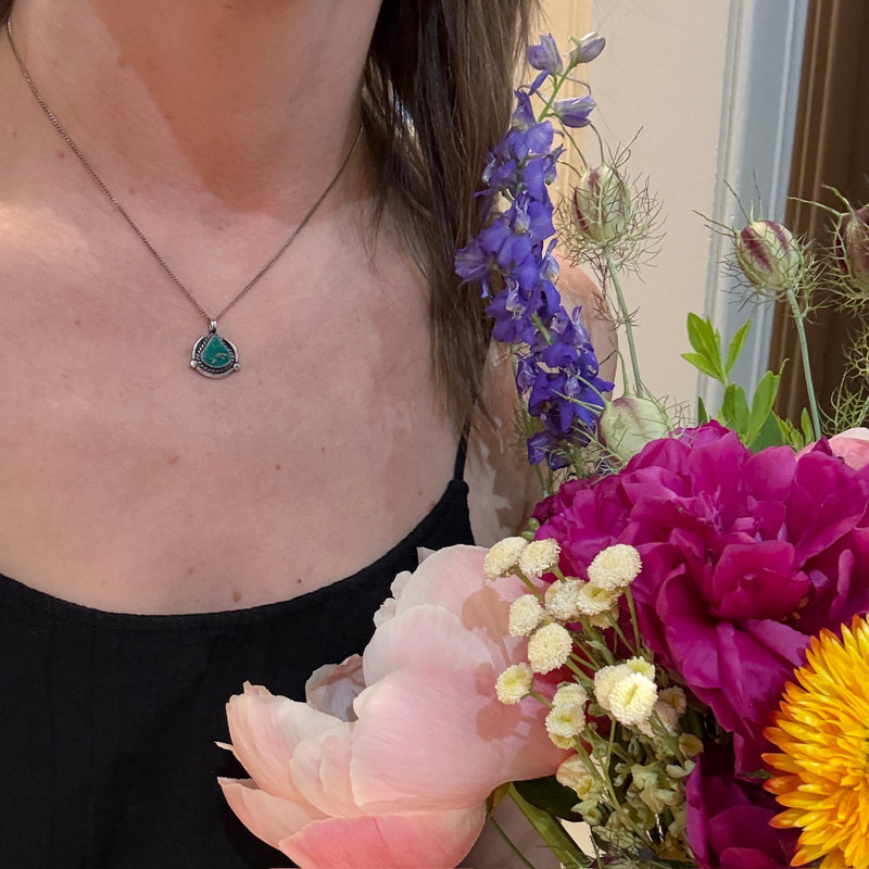 Gorgeous Green Turquoise & Sterling Pendant Signed "Rue"