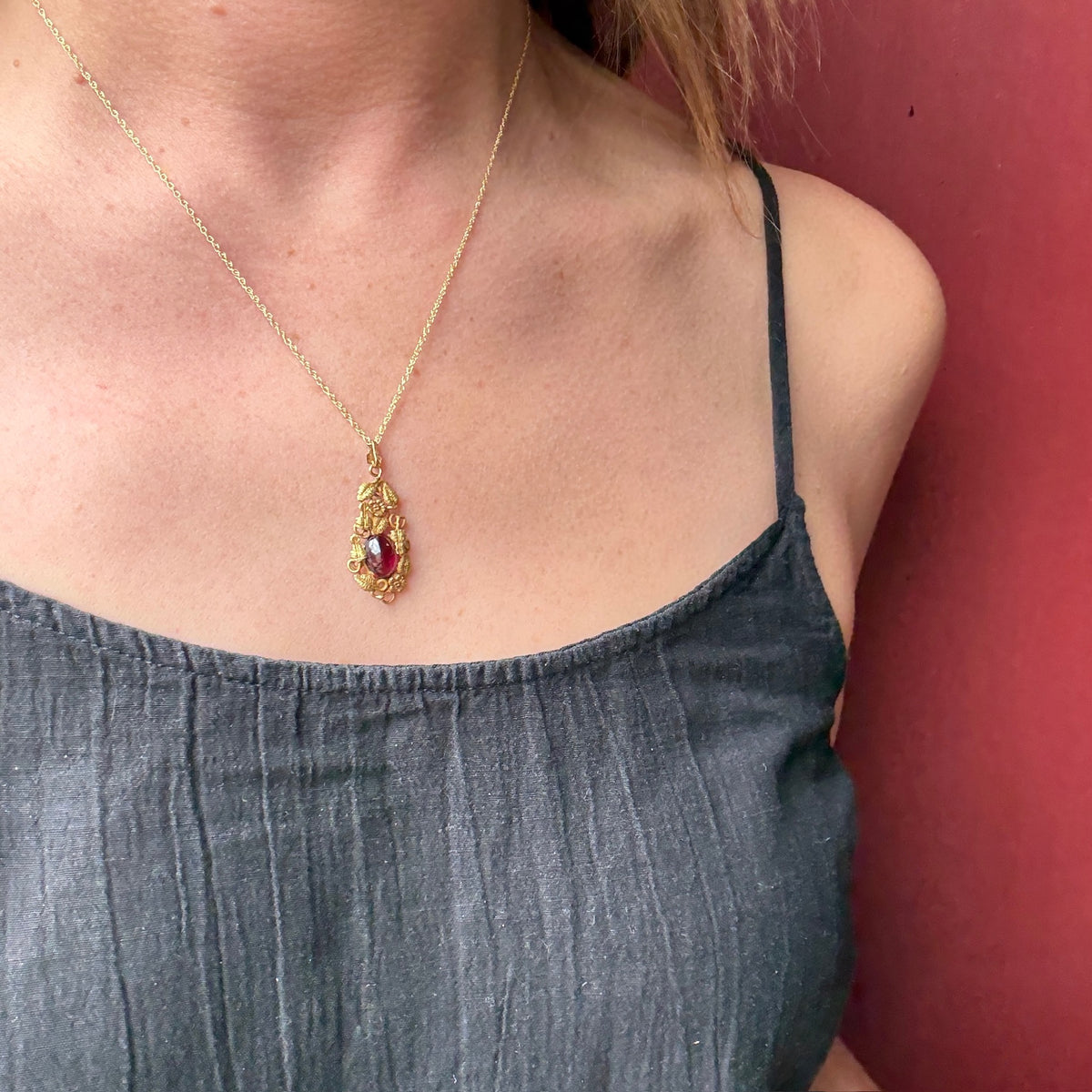 Golden Garden & Garnet Cabochon Pendant