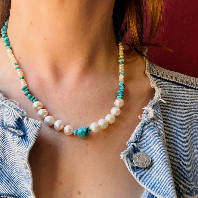 Turquoise & Pearl Necklace with Safety Pin by Ancient Influences