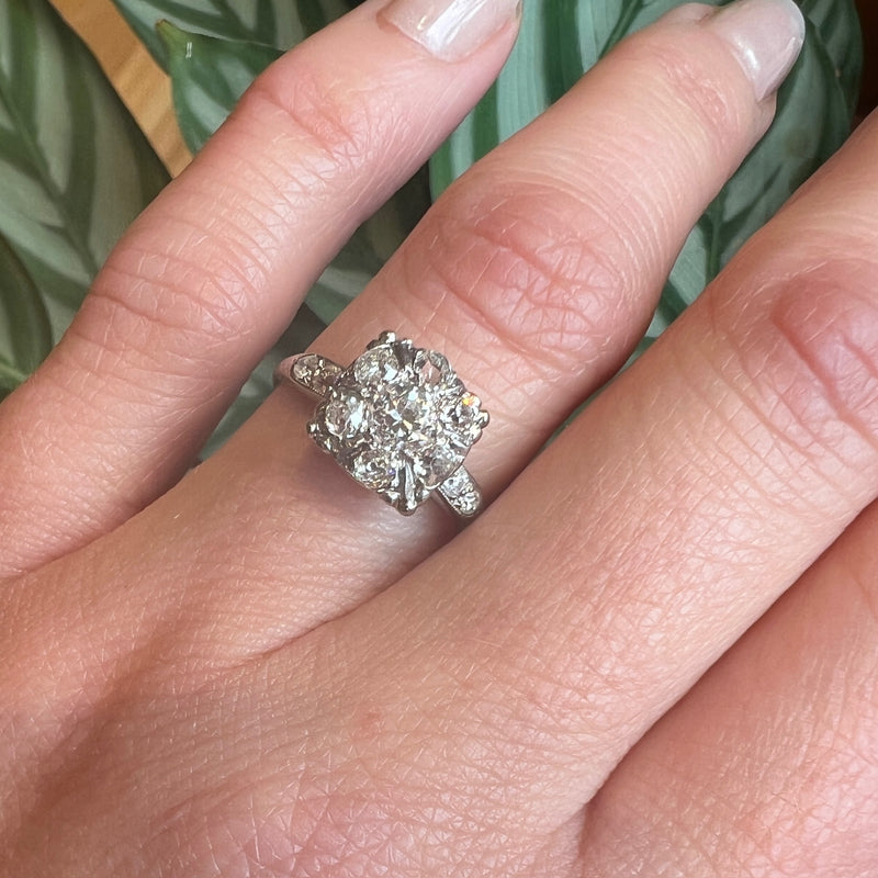 Antique Diamond Cluster in Platinum Engagement Ring