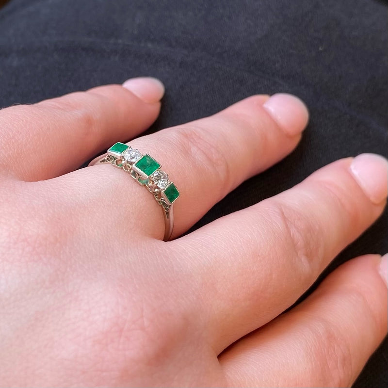 Platinum Emerald and OEC Diamond Edwardian Ring
