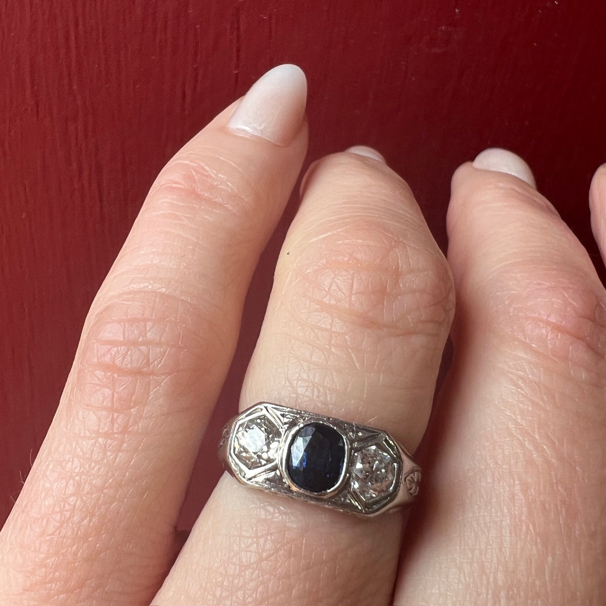 Remarkable Sapphire & Old Mine Cut Diamond Antique Engagement Ring